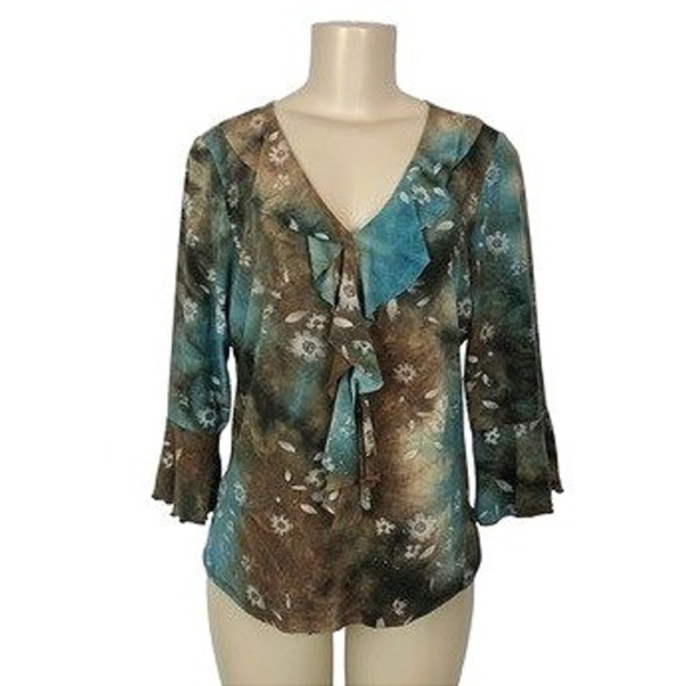 Dressbarn Y2K Fairy Glitter Ruffle V-Neck Bell Sleeve Blouse Top Large Festival